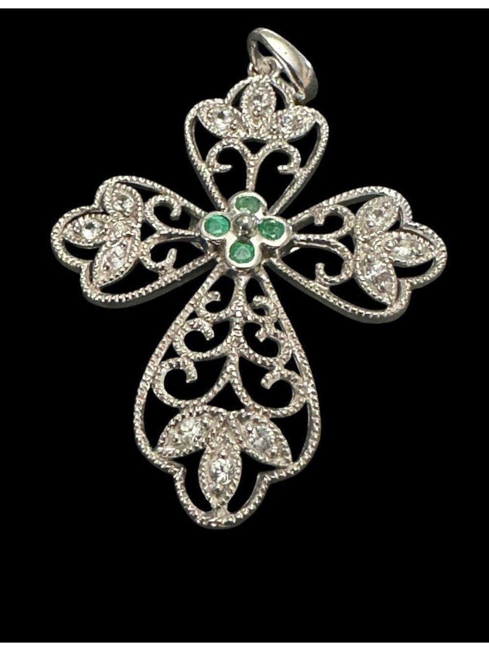 925 Thailand Filigree Cross Pendant Green Clear Stones Sterling Silver